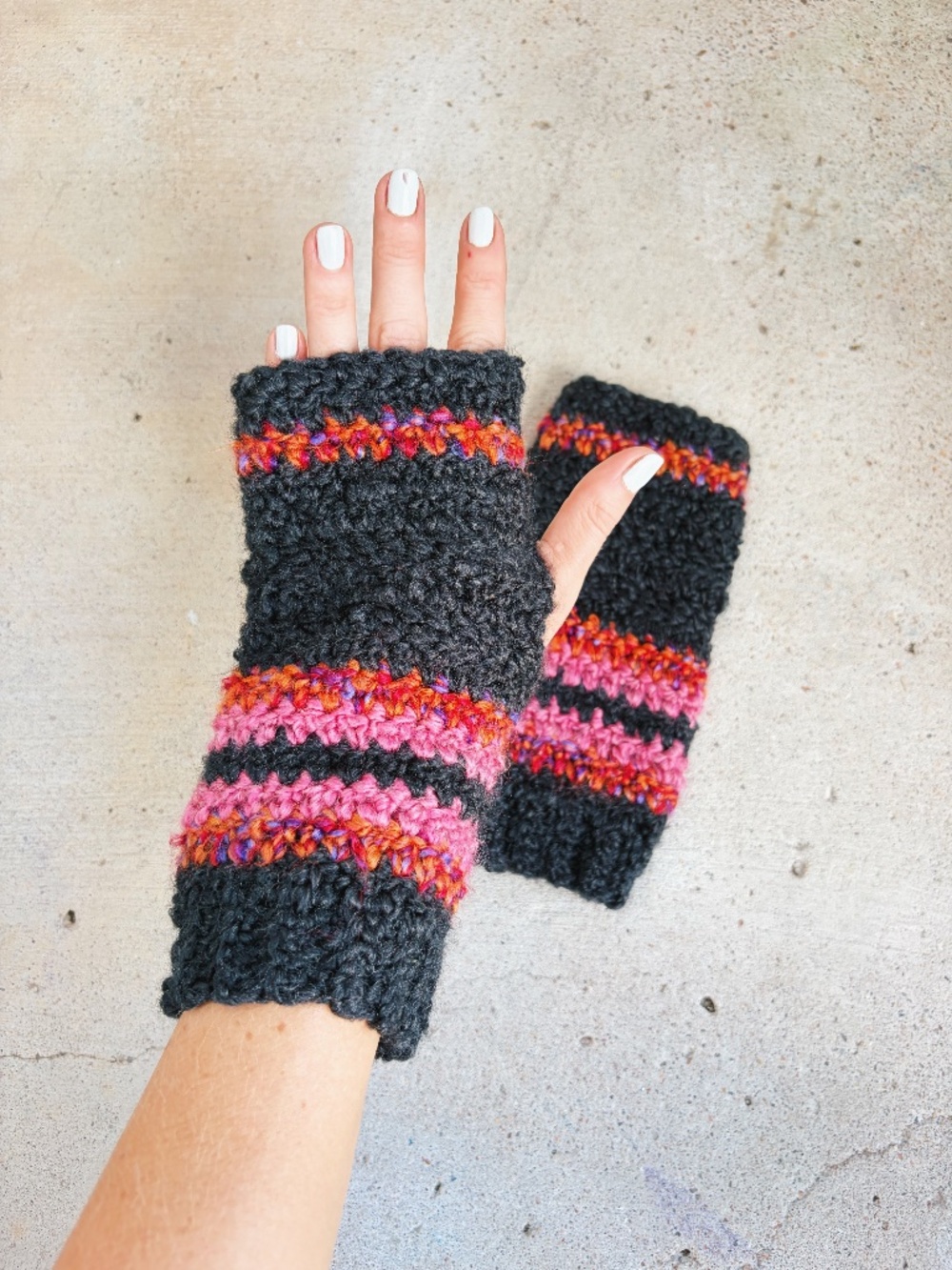 Handmade Crocheted Fingerless Gloves in Black, Orange, and Pink